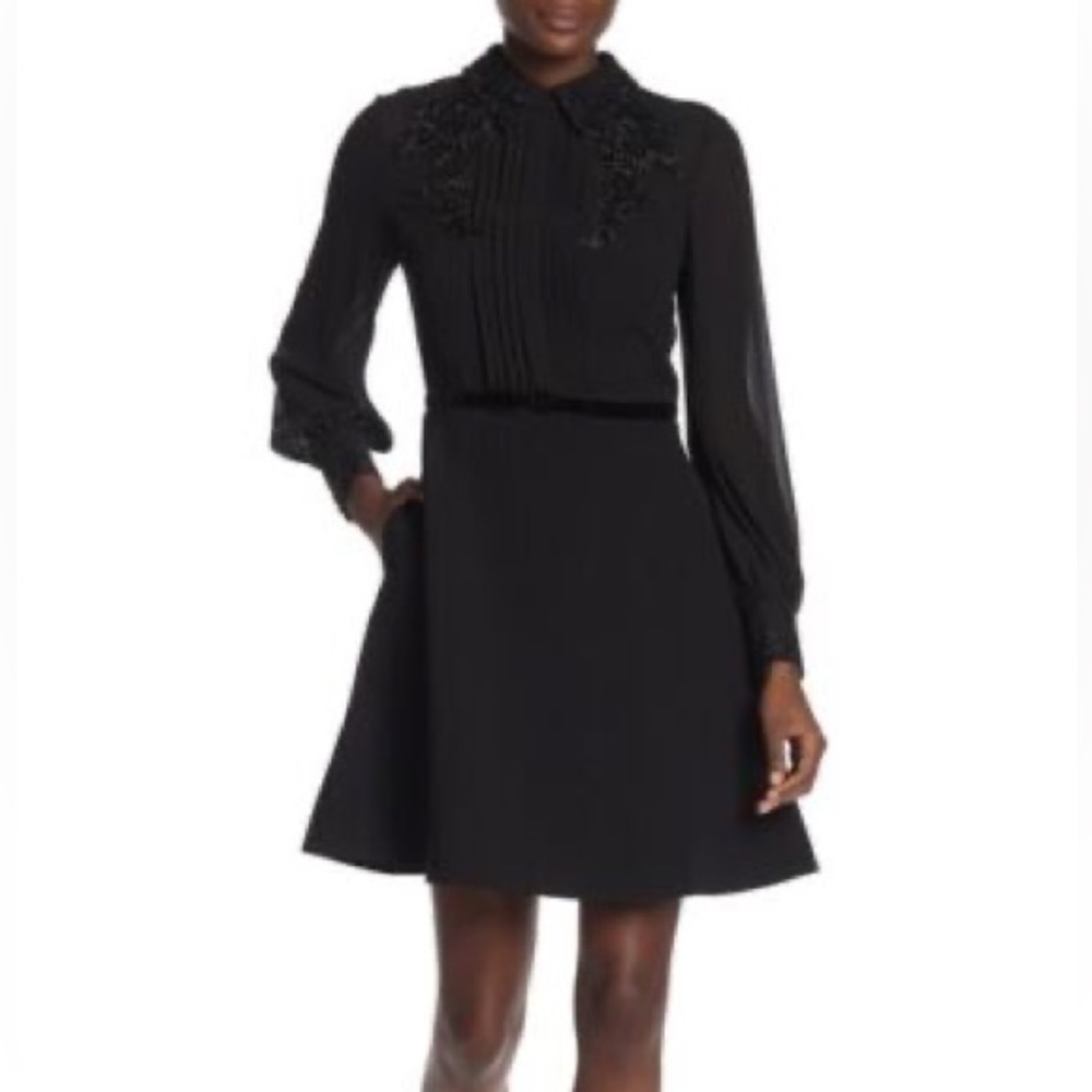 Ted Baker Embroidered Collared Long Sleeve Black Mini Dress - Picture 3 of 6